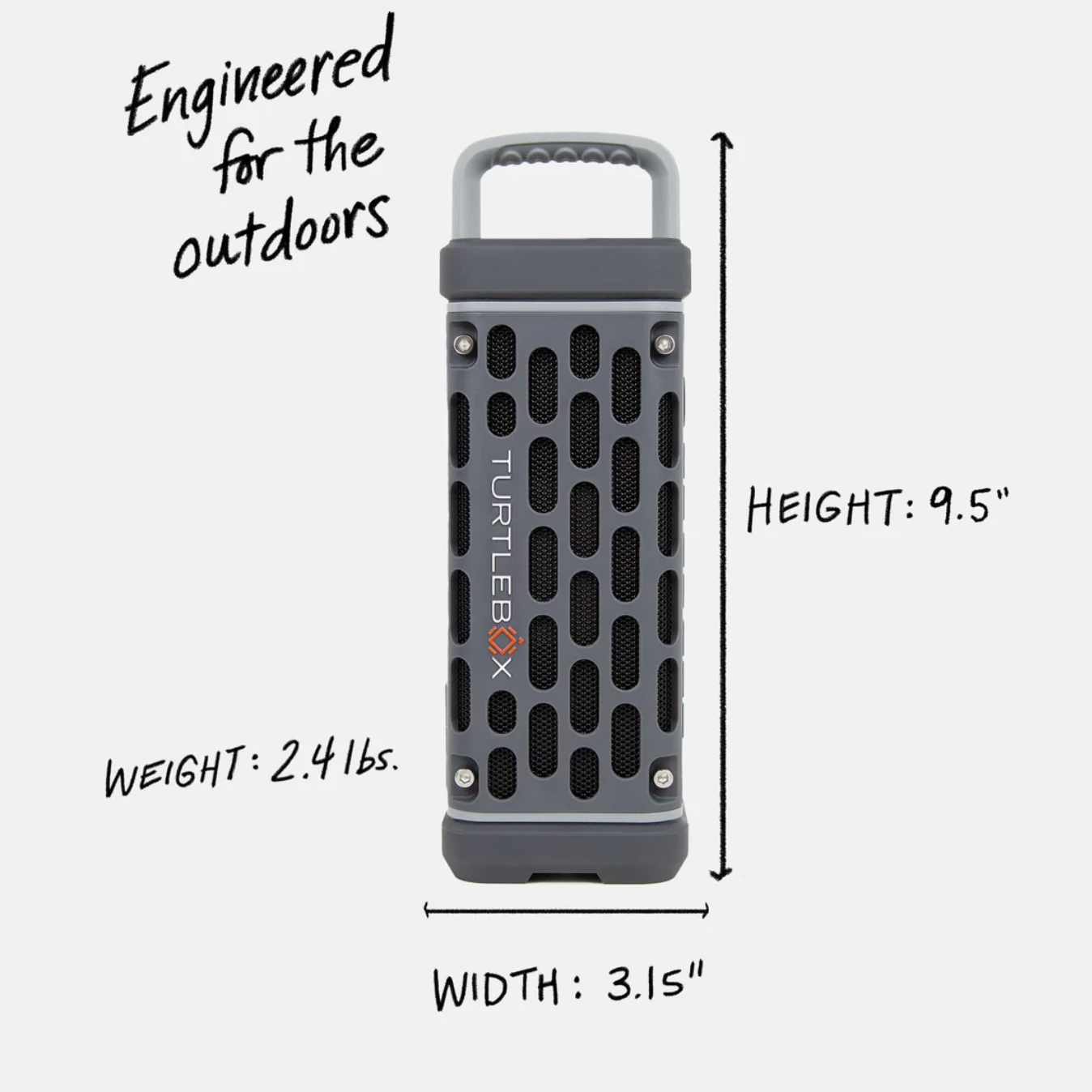 Turtle Beach speaker with dimensions and weight information on a white background