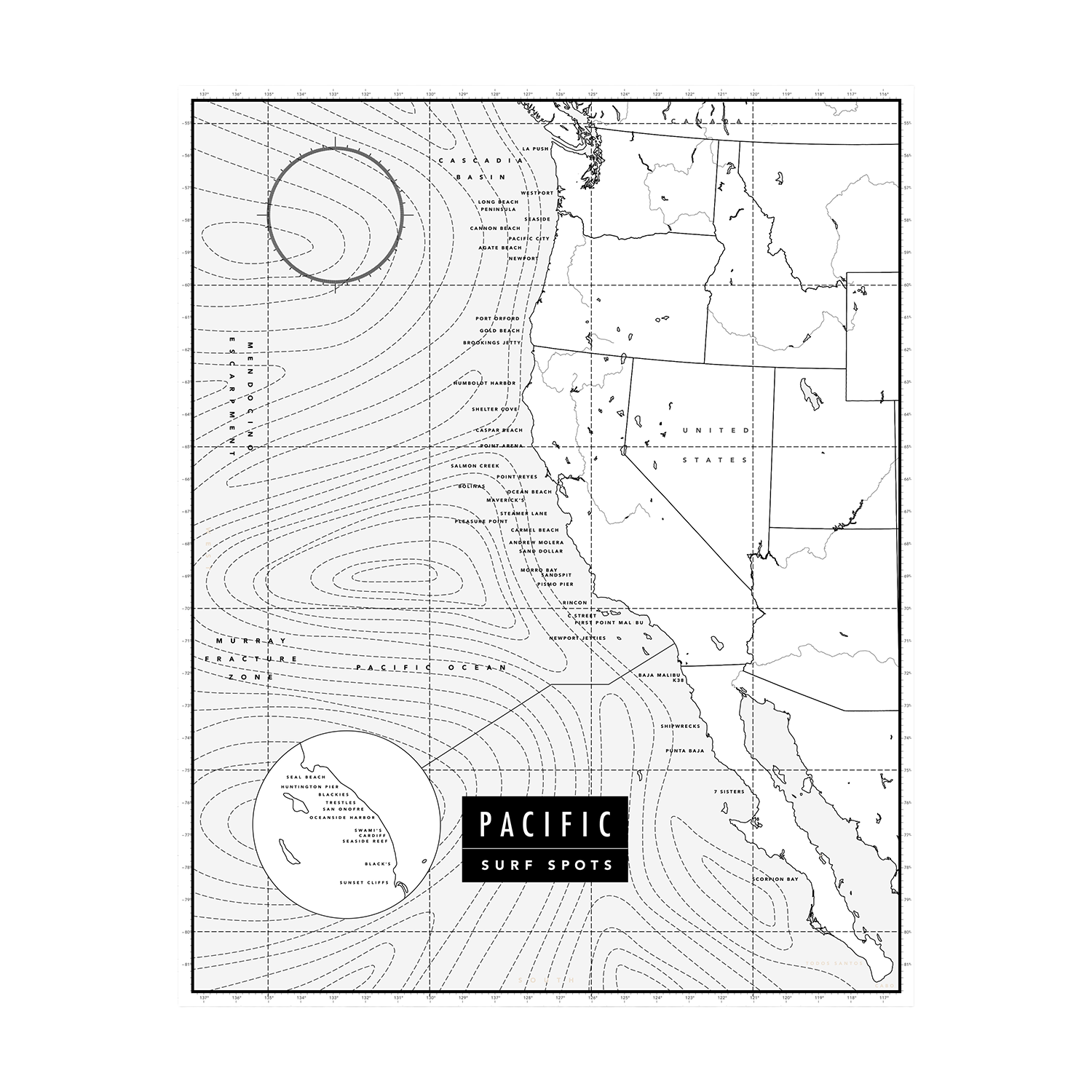 Pacific Surf Spots | Poster (B/W)