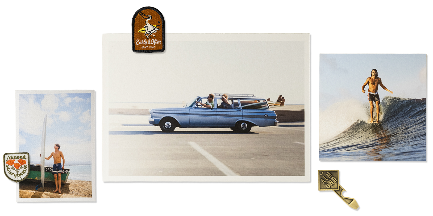 Collection of vintage-style photos and memorabilia including a car, surfers, and a logo.